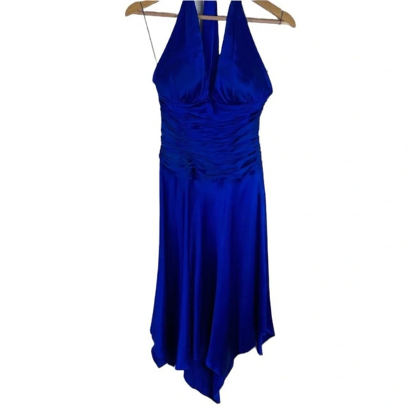 Vintage Cache Silk Dress Halter Scarf Hem Y2K Fairy Retro Ruched Prom Cerulean - Picture 1 of 13